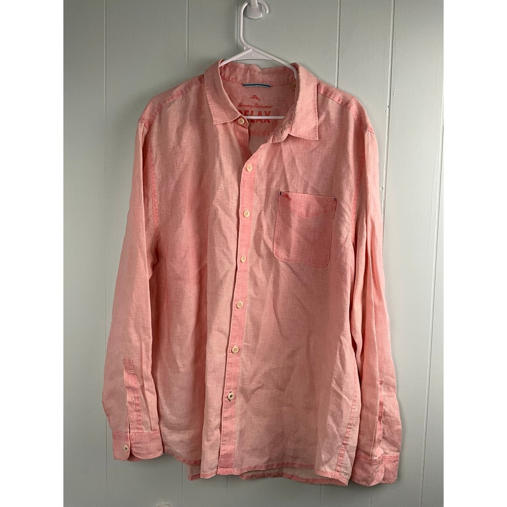 Tommy Bahama Relax Mens XL Pink 100% Linen Long Sleeve Button Up Shirt Relaxed‎